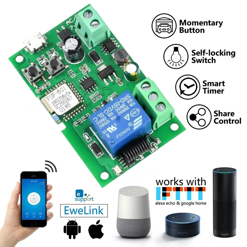 1CH RF Smart Switch 7-32V AC DC WIFI Ewelink Remote Control Garage Door Opener Switch 10A Relay Self-locking inching