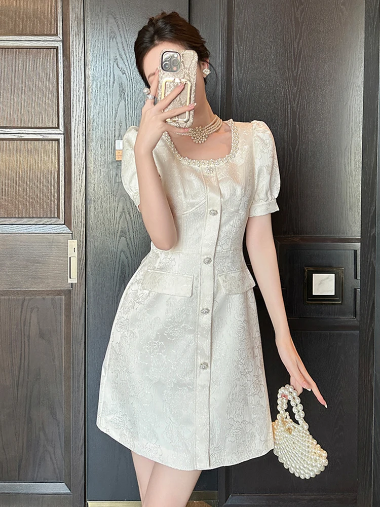 

Women's French Style Satin Jacquard Short Dress Elegant Sweet Pearl Single Breasted Mini Gown Business Party Prom Vestidos Mujer