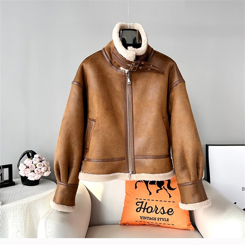 JT440 Hot Sale 2024 New  Female Winter Thickened Motorcycle Lamb's Wool Sheep Shearling Warm Short Jacket