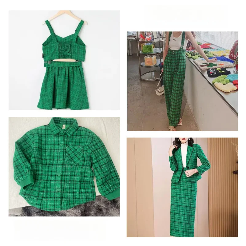 Imported soft and fresh grass green vintage plaid wool fabric for autumn and winter dresses and suits designer materialB
