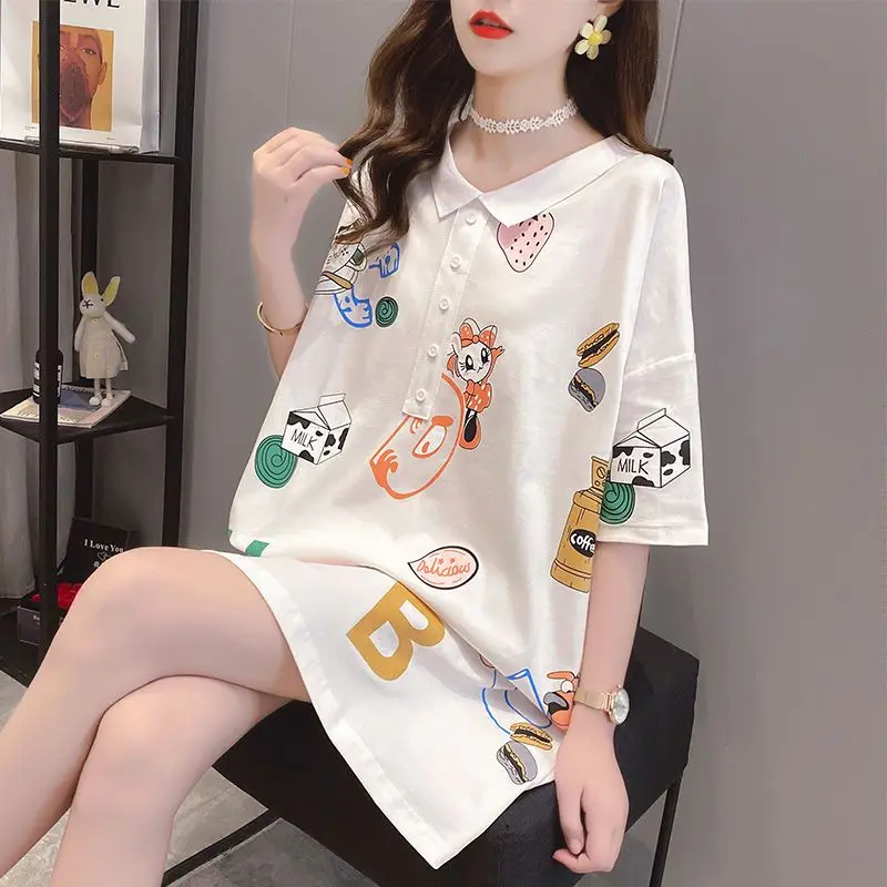 Women Summer Fashion Loose Large Size Trend Printing Turn-down Collar Short Sleeve T-Shirt Ladies Casual Appear Thin Thin Tops