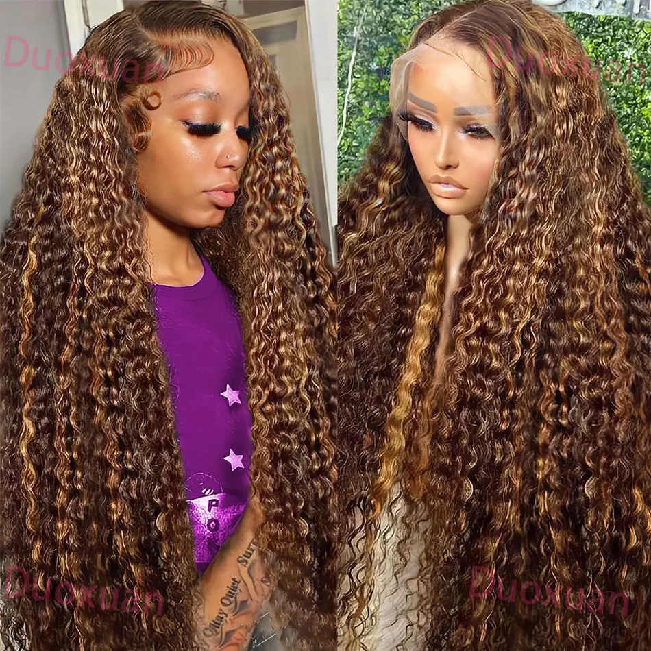 

427 Ombre Highlight Human Hair Wig Deep Wave 13x4 13x6 Lace Frontal Wig 200% Density Pre Plucked Ombre Honey Blonde Brown Wig