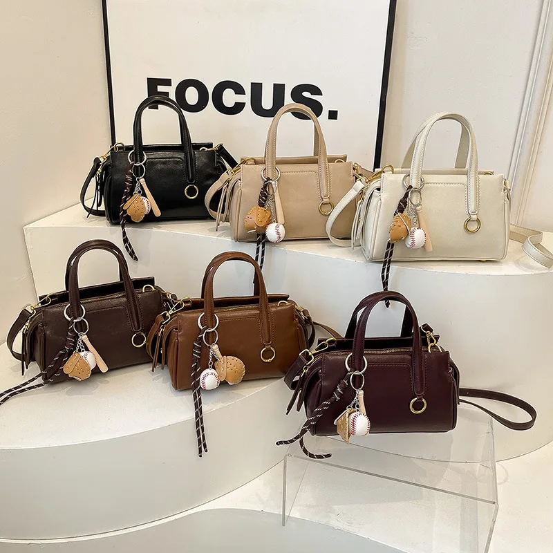 

2025 Pure Color Boston Bag, Buttery Soft Retro Minimalist Chain Top Handle Crossbody Shoulder Korean Style Purse