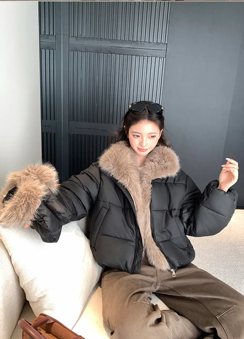Korean Women's Short Puffer Jacket with Large Fur Collar Women Loose Thick Padded Cotton Coats Female Solid Casual Zipper Parkas