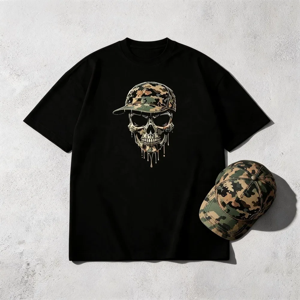 Camo Skull Print T-Shirt for Men - Black Camouflage Skull Graphic Tee, Unisex Casual Crew Neck, Lightweight Soft Knit Fabric, Breathable Sweat Wicking, Machine Washable for Spring Summer Fall & Halloween, Everyday Top