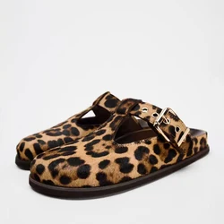 TRAF Leopard Print Closed Toe Flatform Slippers Women Round Head Thick Sole Slingback Shoes Animal Print Flat Slipper For Woman