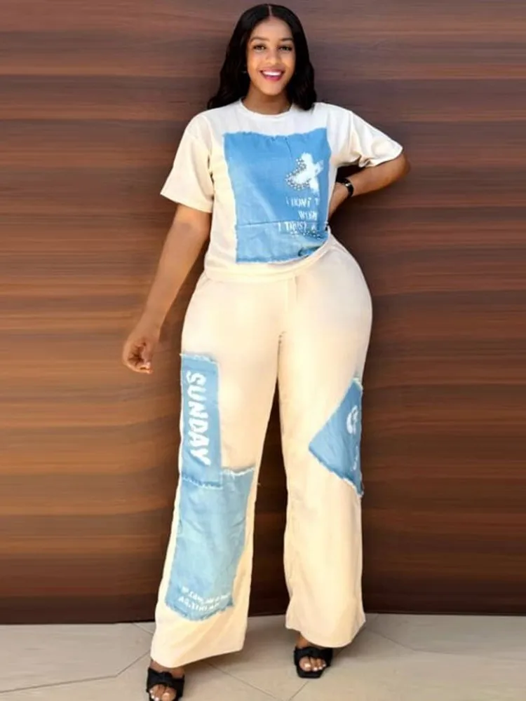 

2 Piece Women Set Dashiki African Clothes Fashion Short Sleeve Denim Top And Pants Suit Party Matching Sets Summer Autumn New