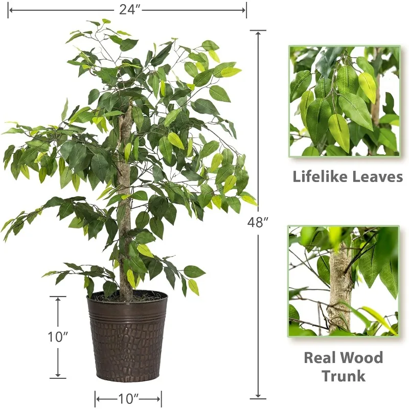 Artificial Ficus Tree with Real-Wood Trunk & Copper Metal Pot - Indoor and Outdoor Faux Plants for Patio, Living Rooms,