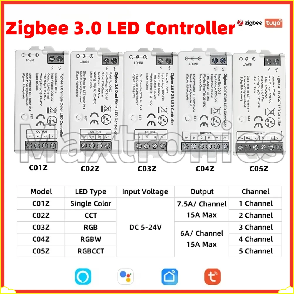 C01Z~C05Z Zigbee 3.0 LED Controller 2.4GHz Hue Bridg Tuya Gateway Smart Voic DC5-24V for Single Color RGB RGBW RGBCCT LED Strips