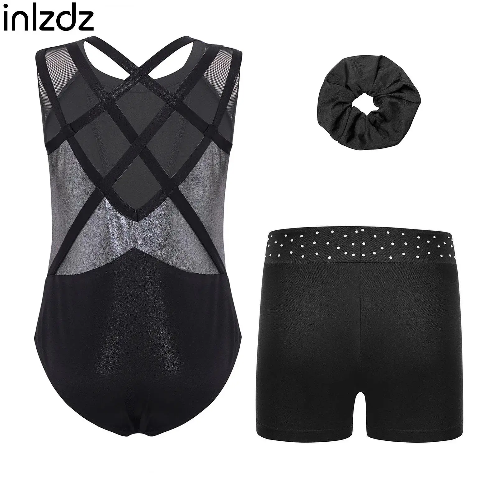 

Kid Girl Gymnastics Leotards Ballet Bodysuit with Shorts And Hairband Rhinestones Dancewear Outfits for Artistic Figure Skating