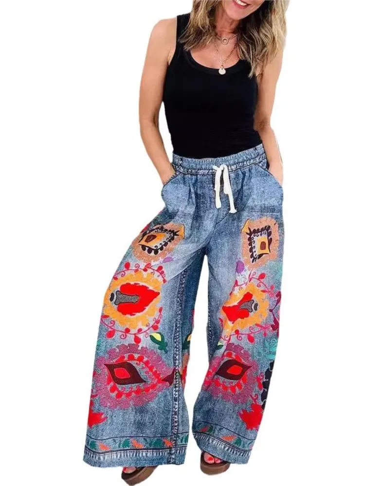 

2025 Spring Summer Women Printing Patchwork Elegant Trousers, Pocket Loose Fit Ladies Pants Fashion Drawstring Wide Leg Pants