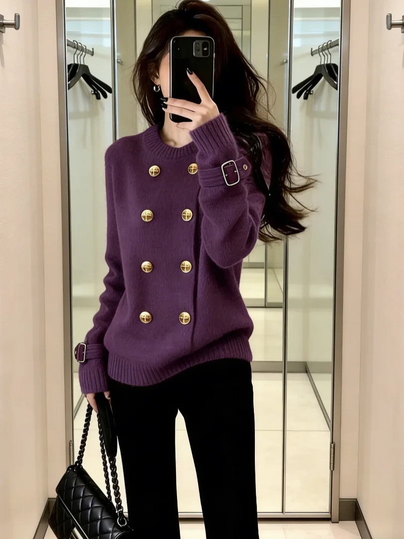 

Фиолетовый вязаный открытый кардиган ort Sle Внутренняя одежда Корейская система Зимняя мода Высококачественный сенсационный роскошный легкий внутренний топ