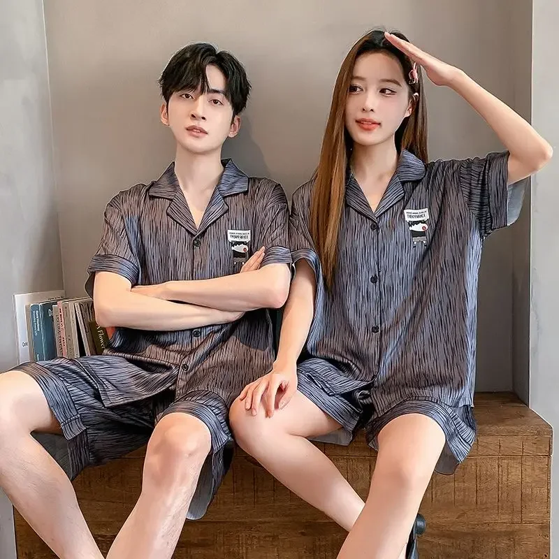 Summer Couple Pajamas Sets Short Sleeve Cardigan Shorts Two Piece Loungewear Sleepwear Silk Print Nightwear High-end Lounge Set