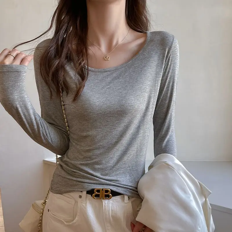

Gray Bottoming Shirt Mesh Round Neck Long-sleeved T-shirt for Women Stitching Backless Long-sleeved Temperament Bottoming Top
