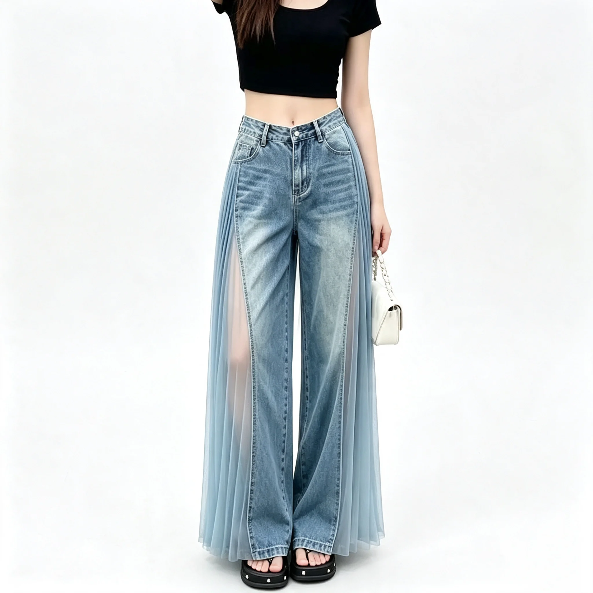Retro Washed Flared Denim Pants Women With Fashionable High Waisted Patchwork Mesh Wide leg Jeans Women's loose Fit Trousers