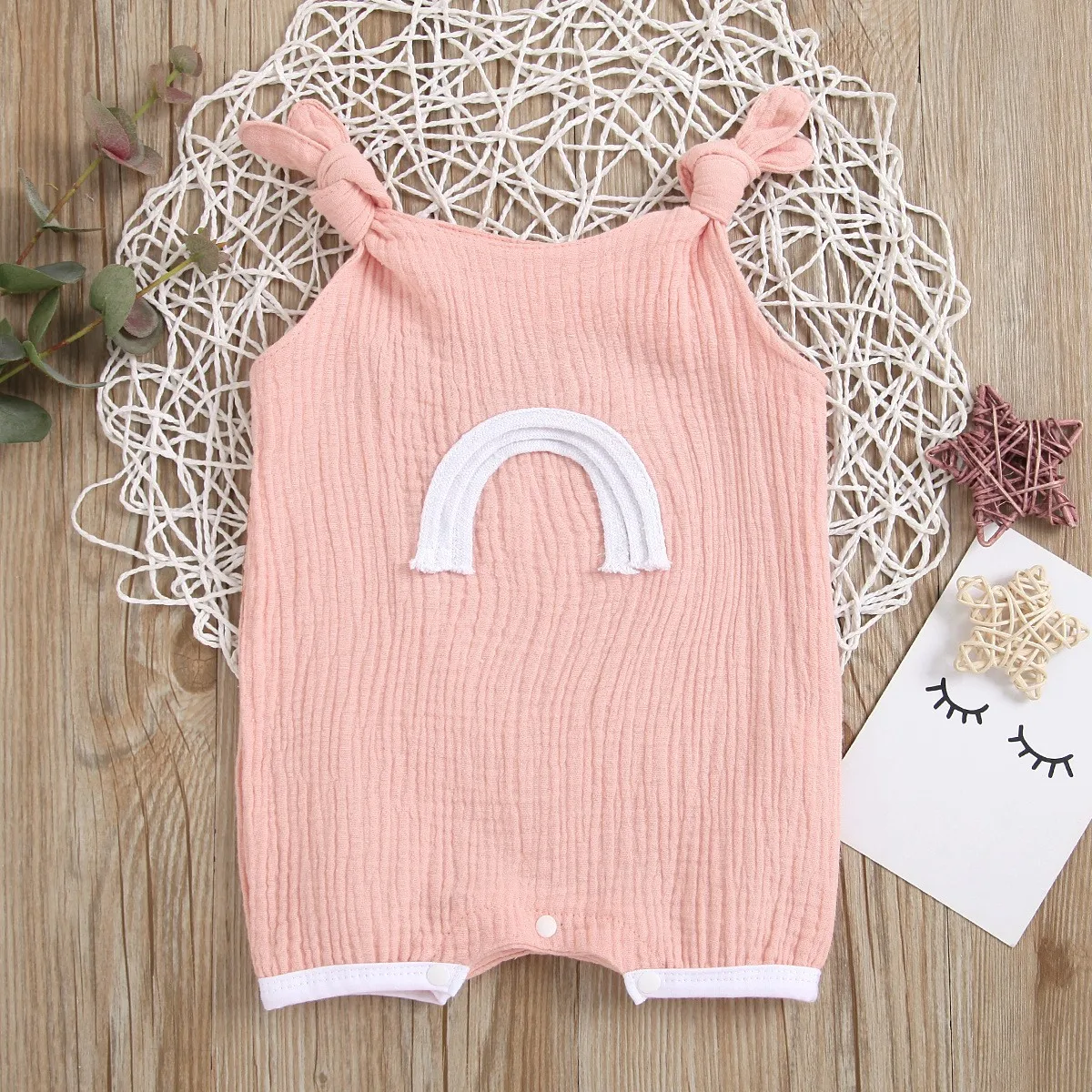 Summer Neutral Baby Romper Light Green Rainbow Embroidered Sleeveless Short Crawling Suit for Infants And Toddlers