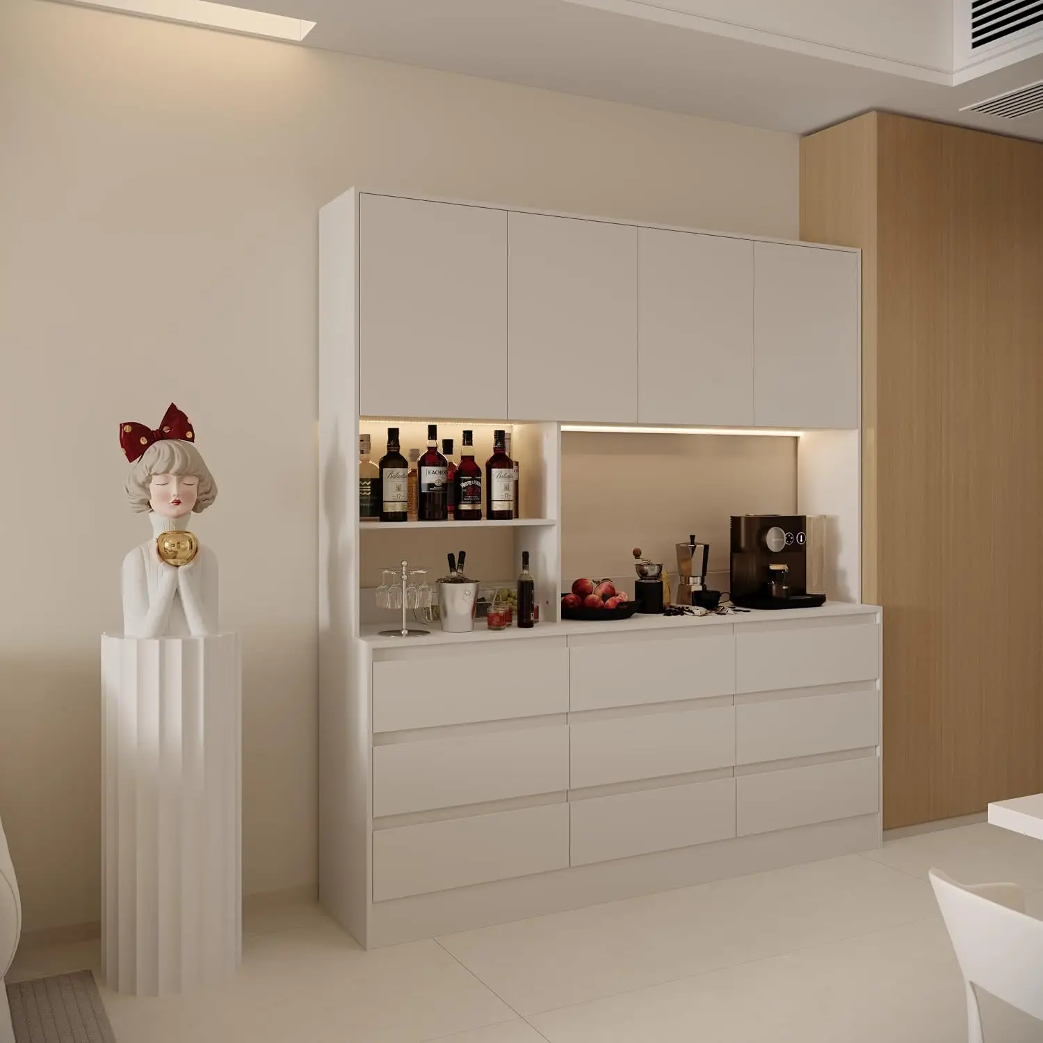 78x71 LED Kitchen Pantry Cabinet with Microwave Stand & Socket, 6 Shelves & 9 Drawers for Restaurant & Kitchen, Customized