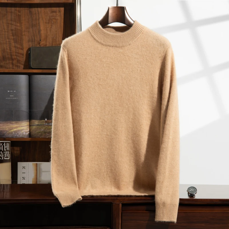 2024 New 100% Cashmere Sweaters Half High Neck Knitted Pullover Winter Men Thickened Jumper Casual Tops High-end Men\'s Sweater