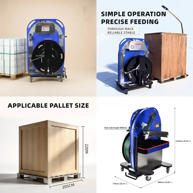 High Efficiency Mobile Semi Automatic Strapping Machine High Speed Dual Voltage Chain Belt Feeding CE Certified Pallet