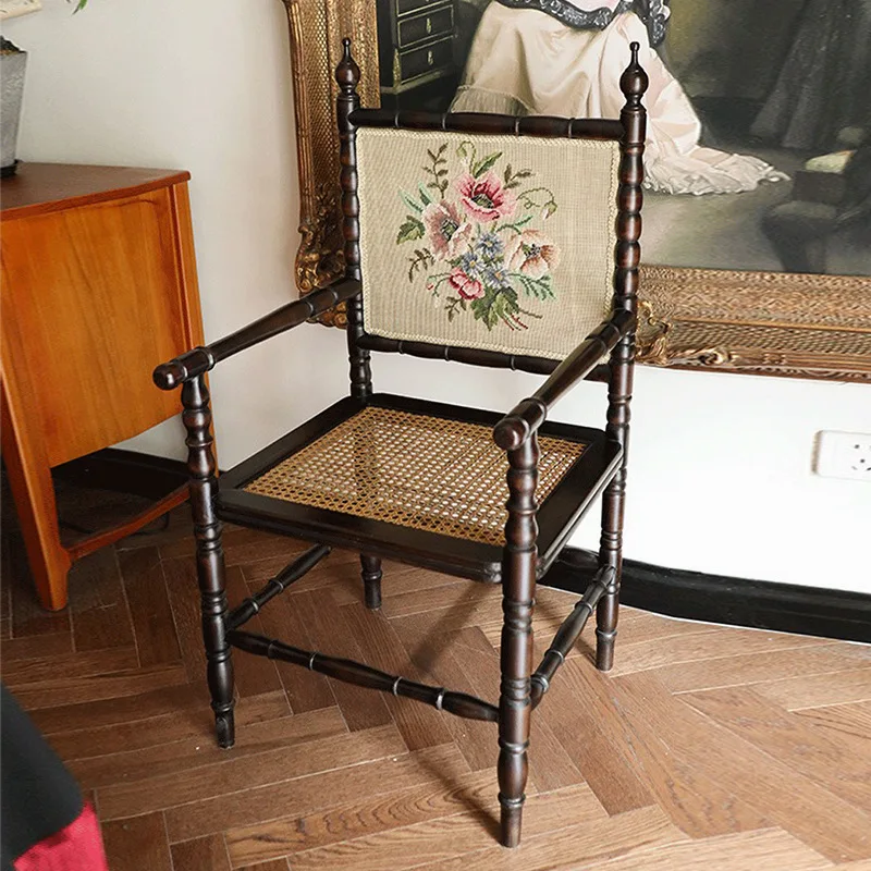 Embroidered French dining chair with armrests, desk chair, study chair, owner rattan