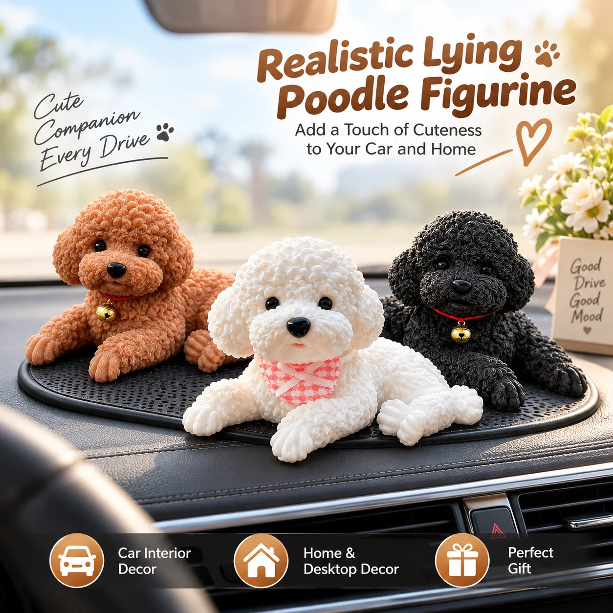 Lovely Lying Teddy Dog Doll Toy Car-styling Car Ornaments Cute Simulation Lying Poodle Figurine Dashboard Decoration