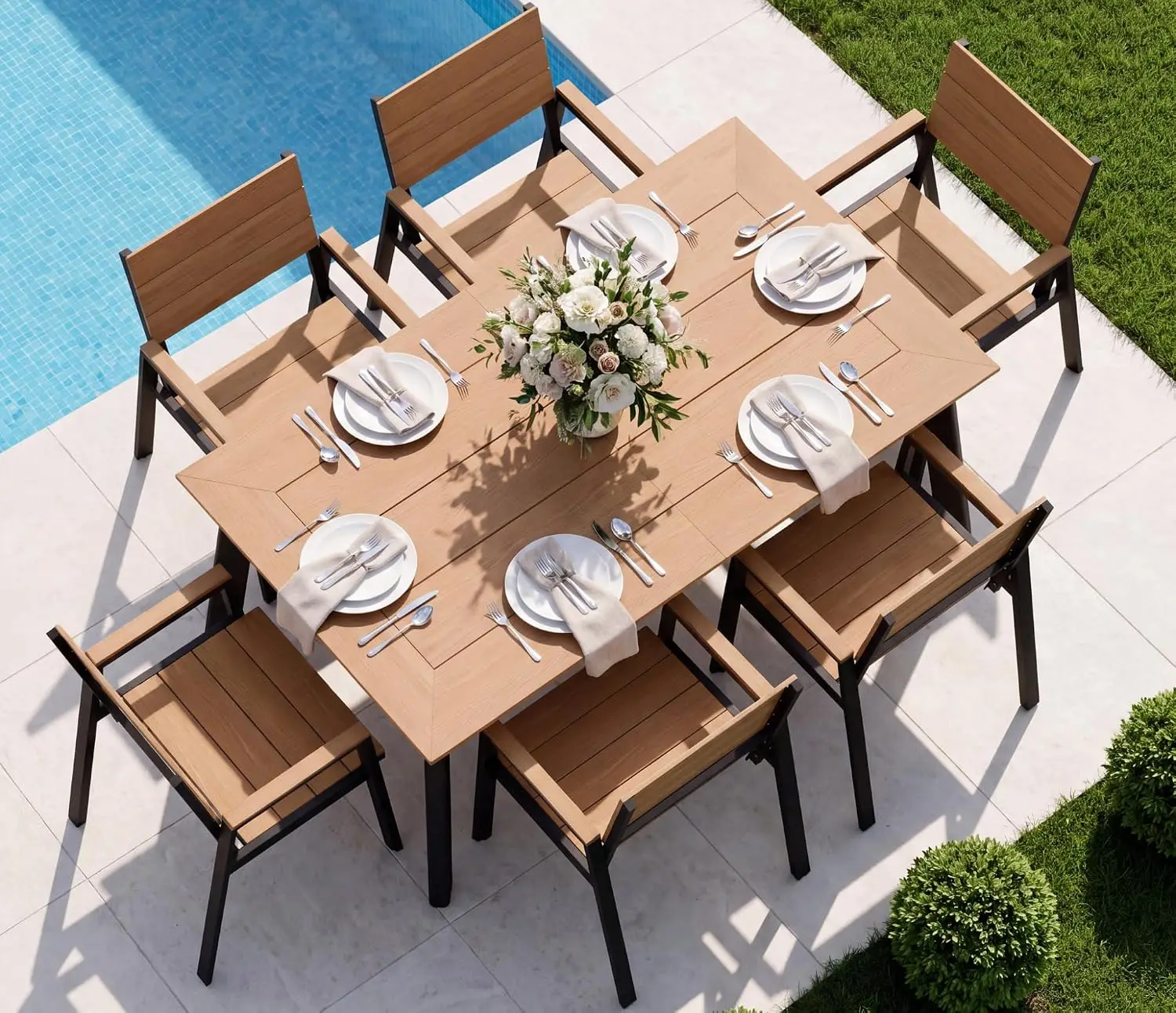 7 Pcs Aluminum Patio Dining Sets with HIPS Tabletop