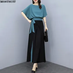 Summer Chiffon Elegant Women 2 Piece Pant Sets Batwing Sleeve Tops + Wide Leg Pants Chic Stylish Fashion Casual Female Pant Sets