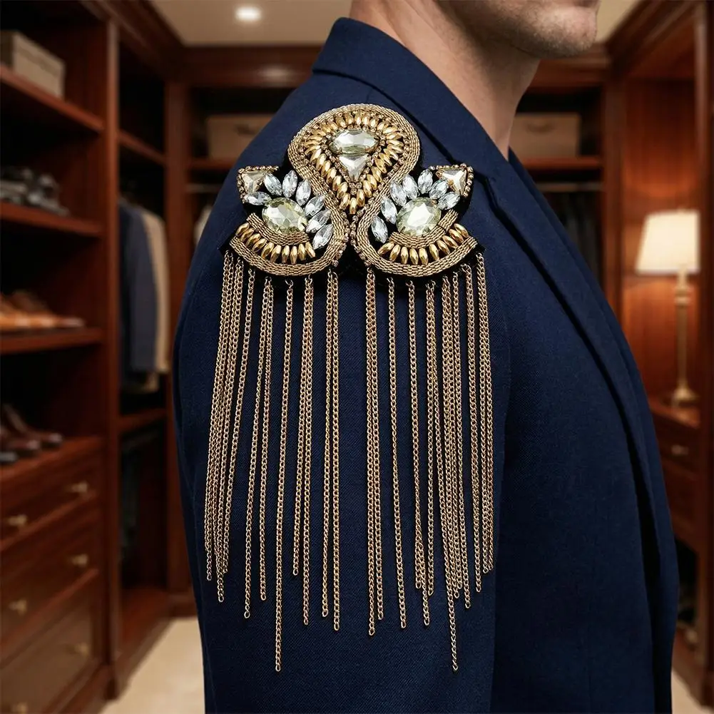 Shoulder Brooch Tassels Rhinestones Jewelry Handmade Shiny Epaulet Clothes Decor Shoulder Brooches Clothing Accessories Gift