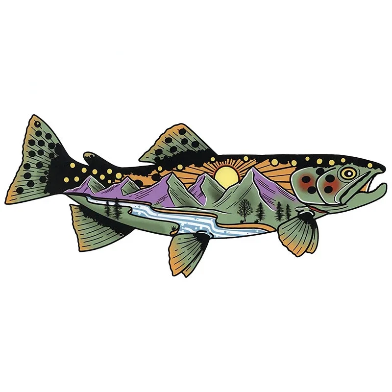 New Design Cartoon Snake River Mountain Trout Sticker Car Bumper Grilles Fishing Art Waterproof Car Sticker, 18cm