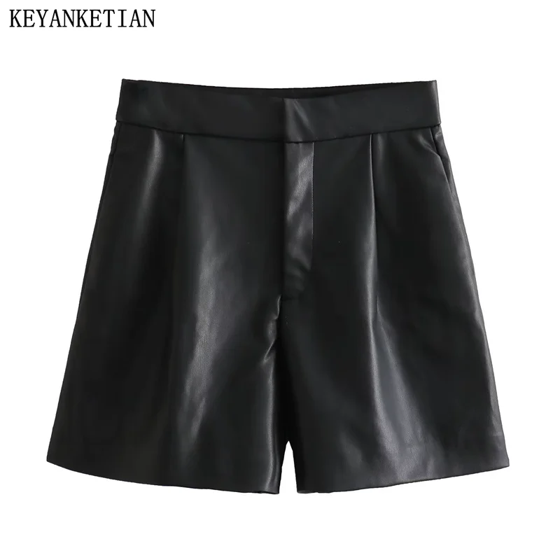 KEYANKETIAN Autumn/Winter New Women's Faux Leather Shorts Retro Zip-up High Waist Black Loose Straight Pants Female Chaparoon