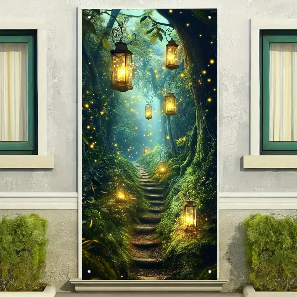 Bannière plate 2D - Broderie de portail de chemin pour la nuit rêveuse - Scène de la forêt magique avec lanternes DJH