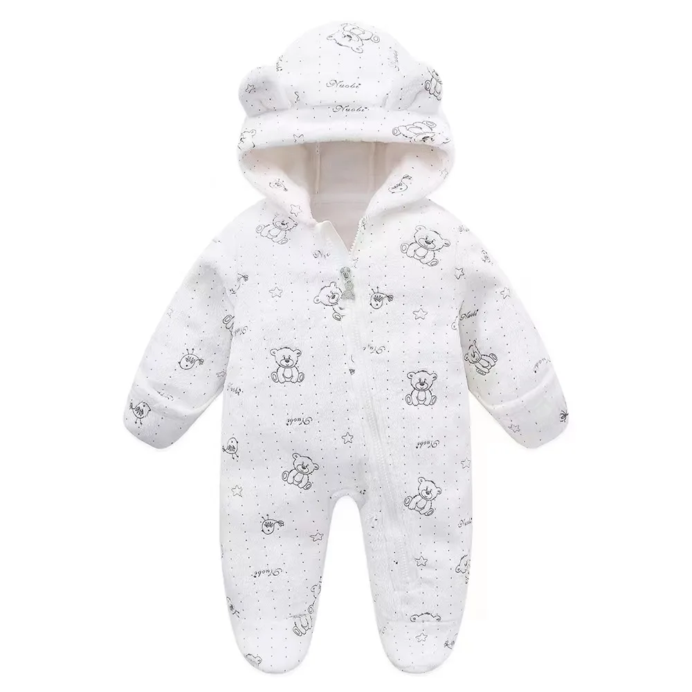 AYNIGIELL Autumn Toddler Clothing, Female Baby Warm Hooded Romper, Male Baby Cartoon Bear Jumpsuit