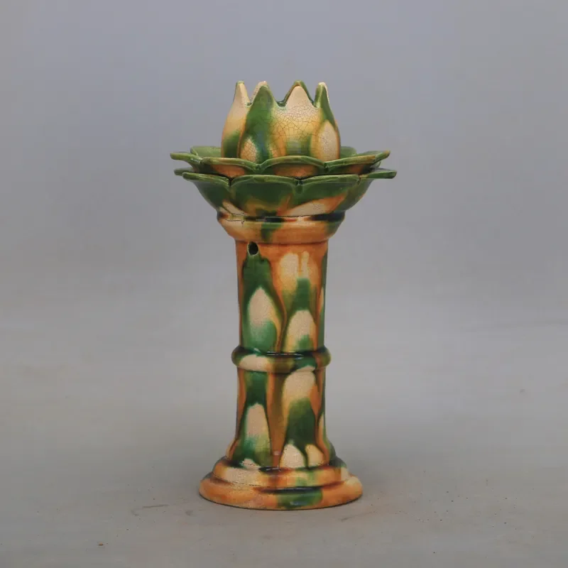 Tang Sancai Lotus Pod Oil Lamp Hand Squeezed Ice Crack Glaze Double Layer Candlestick Antique Porcelain Decorative Ornament