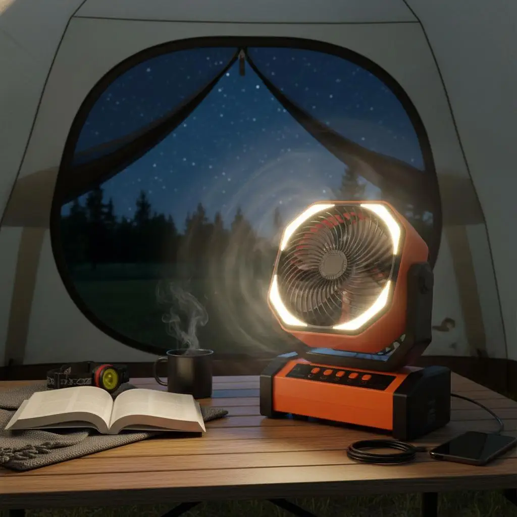 

Вентилятор циркуляционный 9 дюймов для путешествий, спальни, кемпинга, с перезаряжаемой батареей, светодиодный фонарь, 4 скорости, 45 Вт ° /90 ° Автоматический Sw