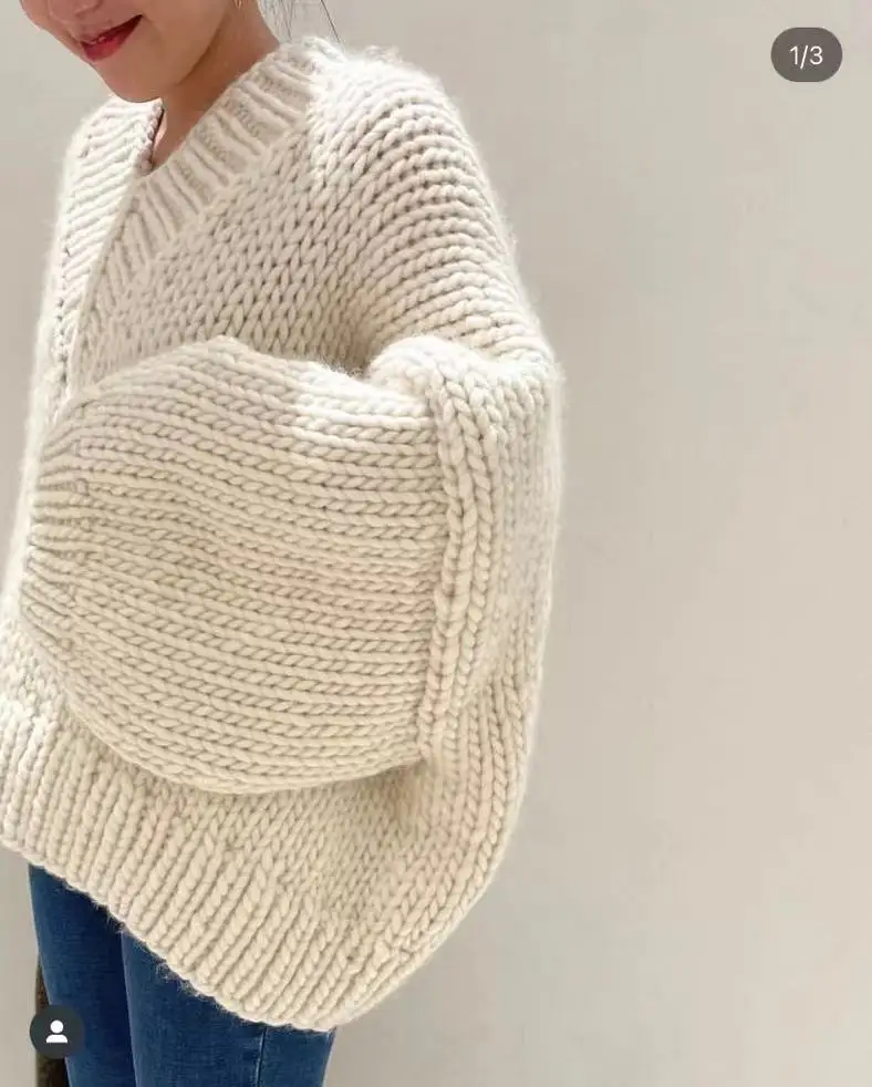 2024 new women\'s casual pure wool V-neck sweater pullover sweater handmade sweater loose version wide version top knitted women