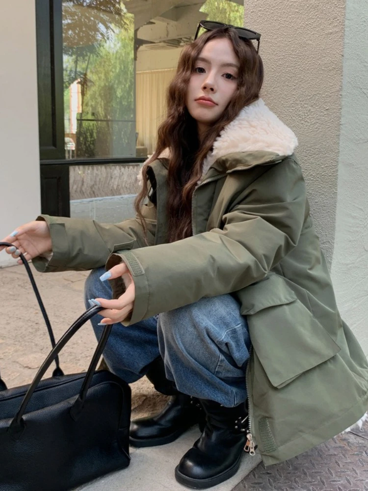 Vielleicht 2025 Army Green Lamb Wool Liner Cotton Padded Winter Jacket Women's Clothes Fashion Korean Style Puffer Jacket Coat