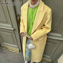 TWOTWINSTYLE Solid Temperament Trench For Women Lapel Long Sleeve Patchwork Button Minimalist Coats Female Fashion New Clothes