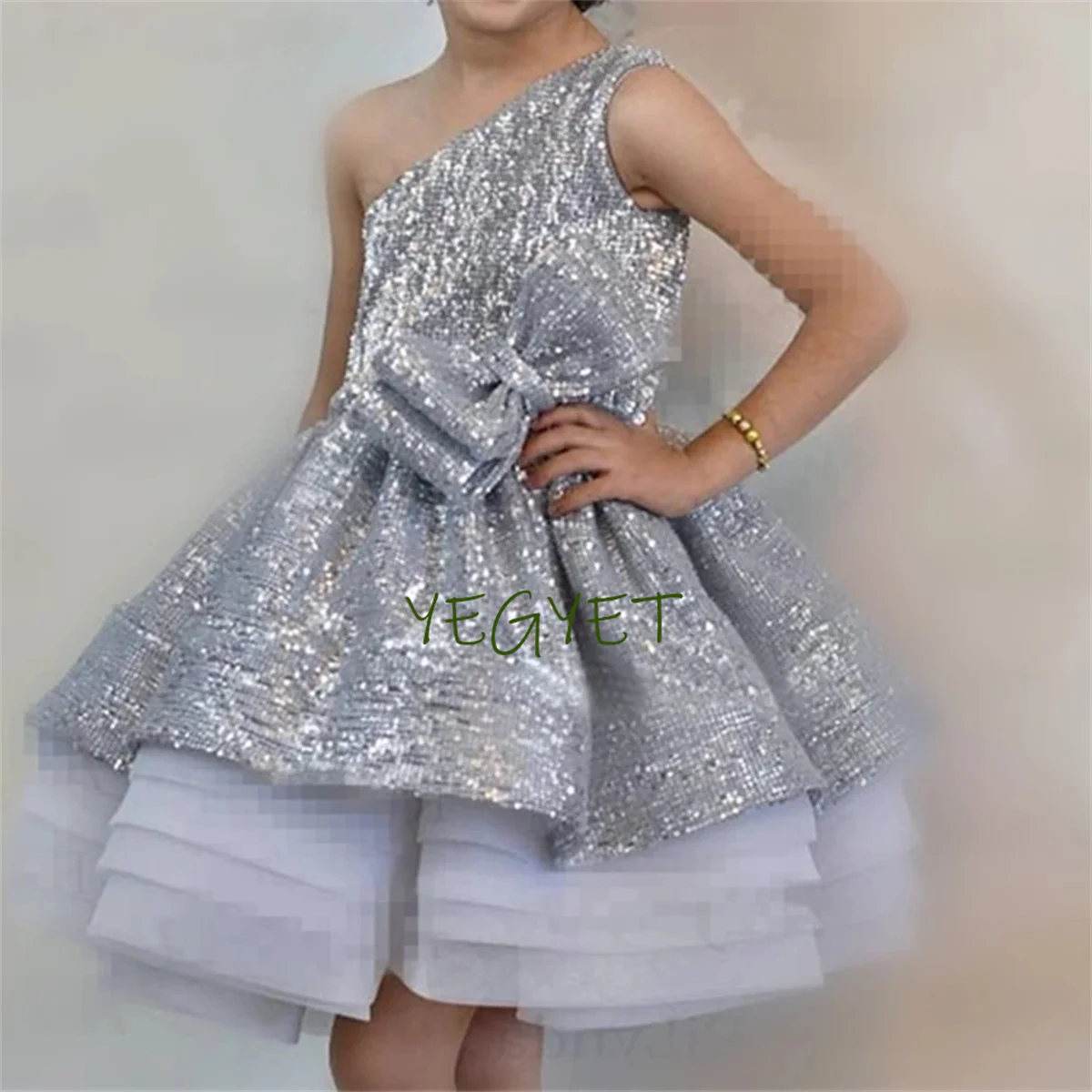 

Silver Sequined Chiffon Flower Girl Dress Teen Girls Wedding Party Gowns Vestido De Festa Girls Princess Summer Wears