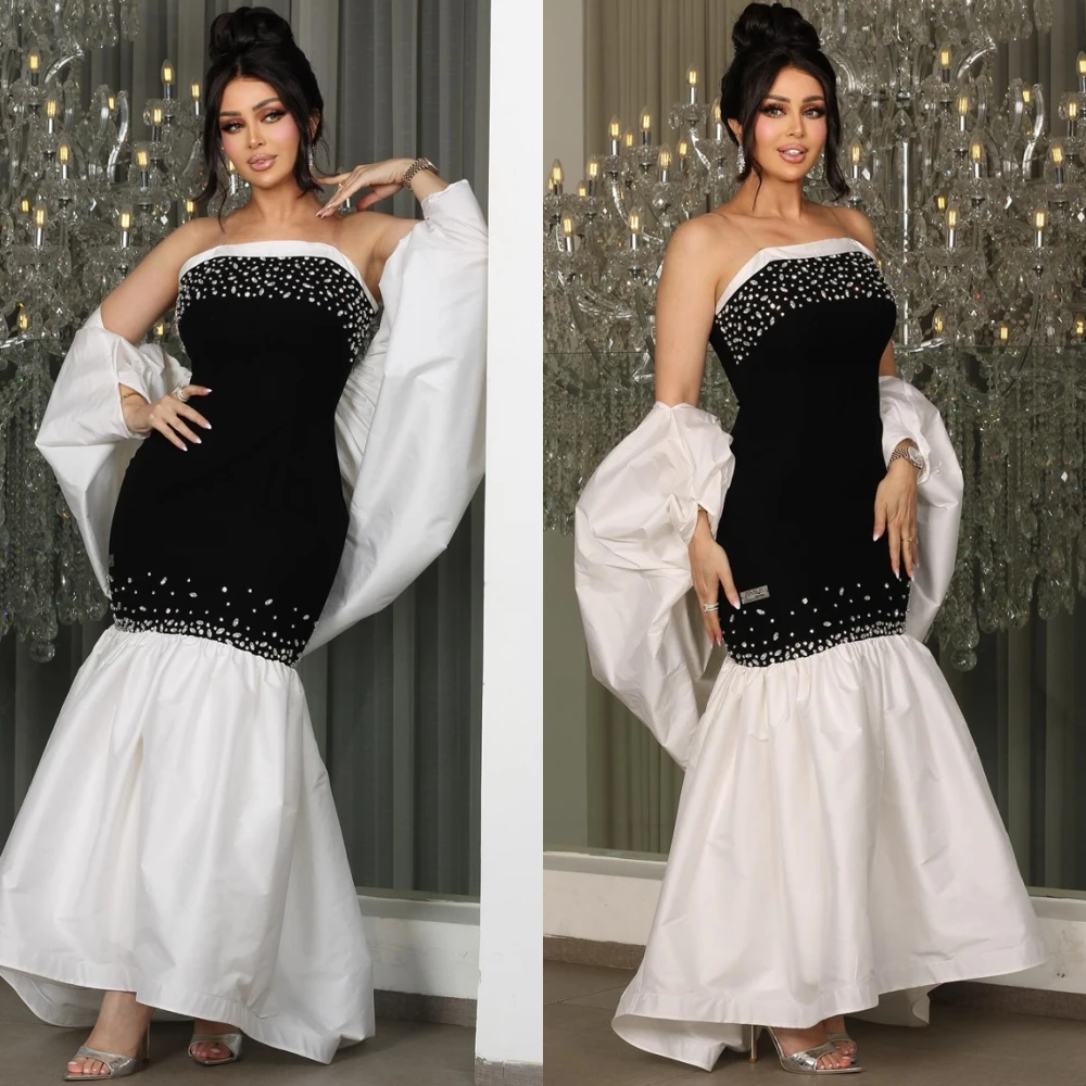 

Customized Simple Black Satin Evening Dress Classic Strapless Sleeveless Celebrity Gowns Delicate Mermaid Crystal Party Dresses