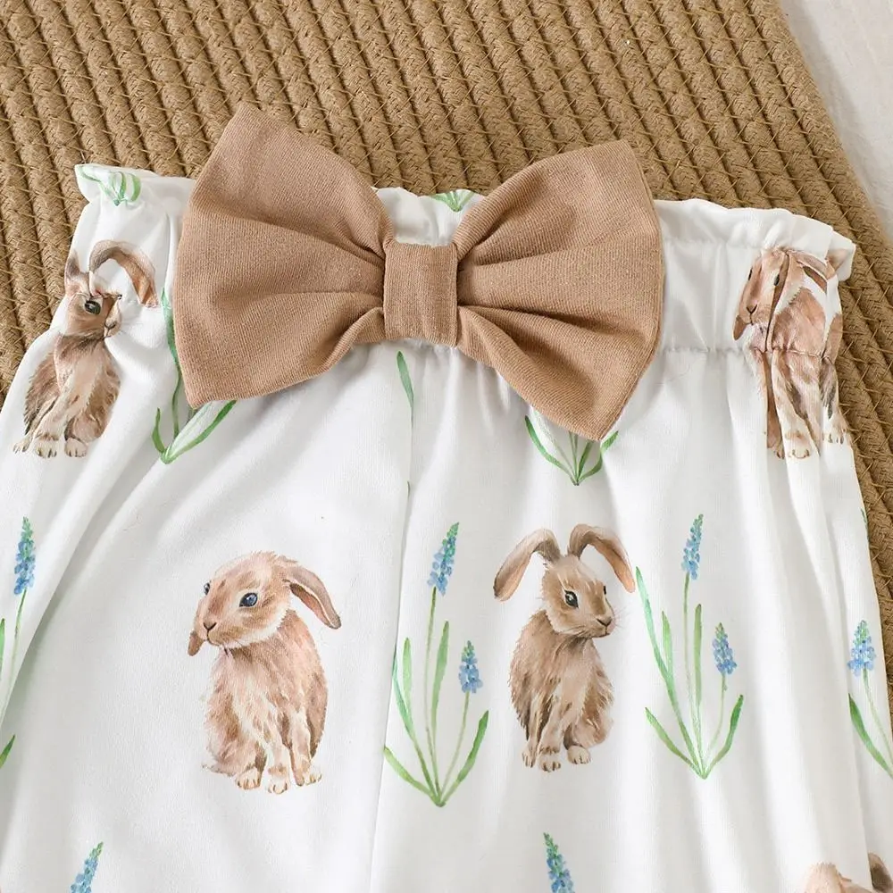 

Комплект из 3 предметов: модный летний пасхальный костюм для младенцев, комбинезон с коротким рукавом, рюшами и принтом кролика, милый комбинезон с надписью и зайчиком, пасхальный комплект