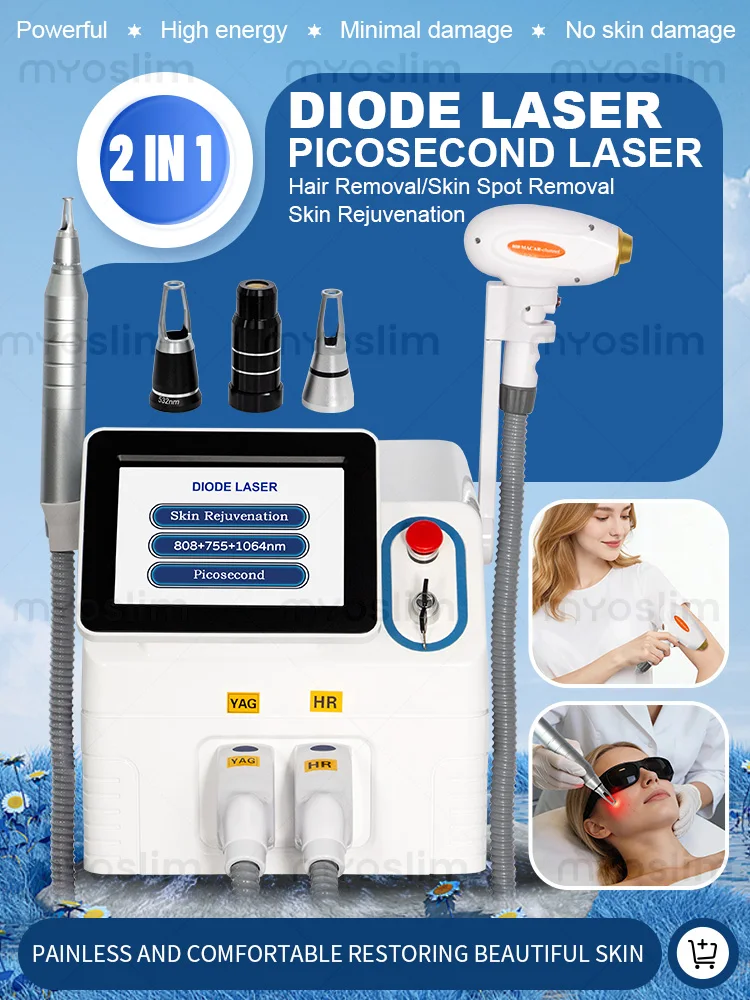 Professional 2IN1 Diode Laser & Picosecond Machine for Hair Removal, Tattoo Removal, Mole Removal, Skin Rejuvenation, Acne Scar
