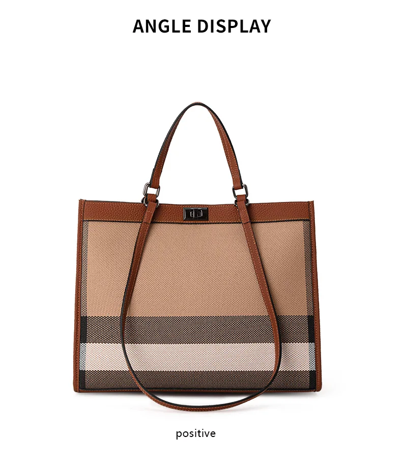 Vintage Karierte Canvas-Leder-Kombination Tragetasche Damen Handtasche mit Verschluss Große Kapazität Schultertasche für Alltag Arbeit Reise – Detail 6