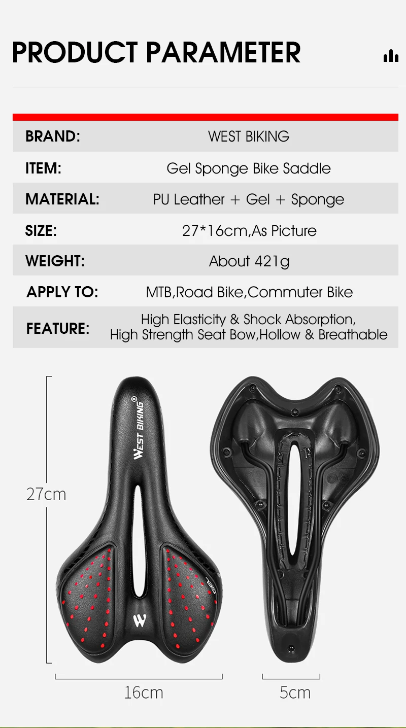 WEST BIKING Fahrradsattel, bequemes Gel-Schwammkissen, hohl, atmungsaktiv, stoßfest, MTB-Rennradsitz, ergonomisch, rutschfest, PU – Detail 2