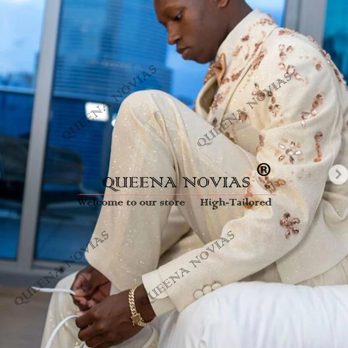 

Glitter Diamond Stoned Wedding Suit For Men Double Breasted Jacket Pants 2 Pieces Groom Tuxedos Customized Man Banquet Dresses