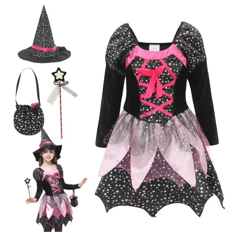 2025 fiesta festiva de Halloween chica Cosplay bruja rosa manga larga ropa bonita clásica + sombrero + palo mágico + bolsa de calabaza conjunto 1mn