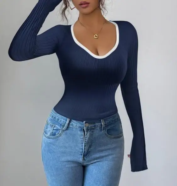 

2025 Autumn and Winter Casual Minimalist Style Long Sleeved Slim Fit T-Shirt for Women