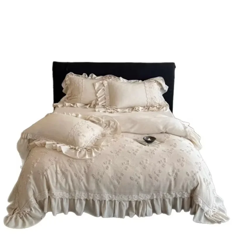 French Romantic Embroidery Lace Four-piece Set Cotton Pure Cotton Lotus Leaf Edge Quilt Cover Premium Bedding