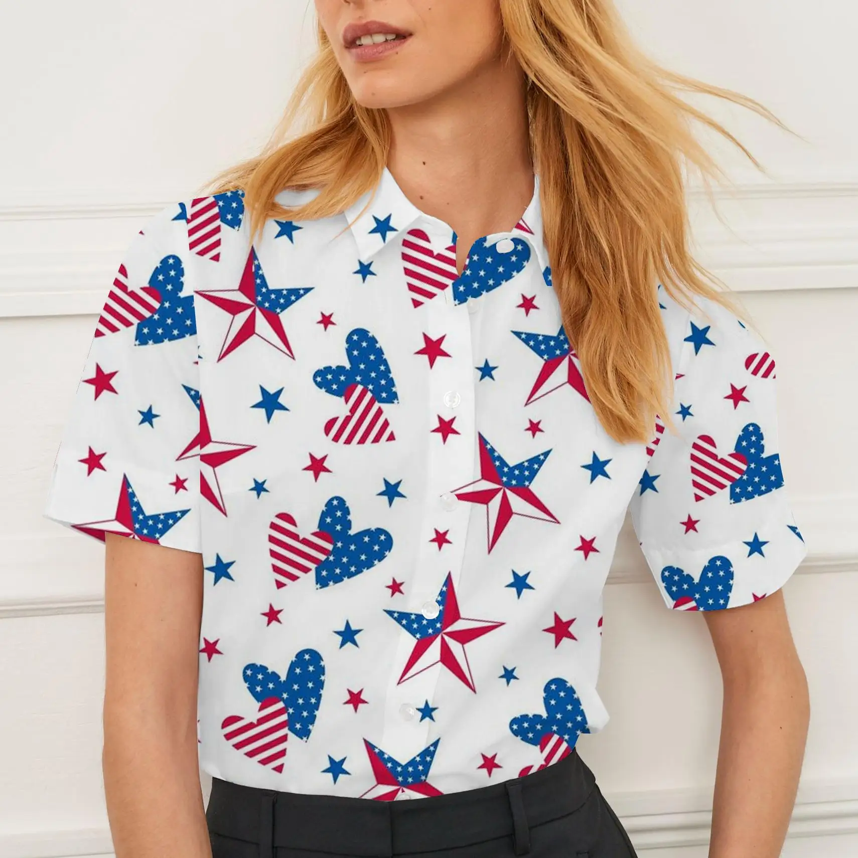 

Летняя женская рубашка с короткими рукавами, лацканами, рисунком флага, женские топы, индивидуальность, мода, женская повседневная одежда