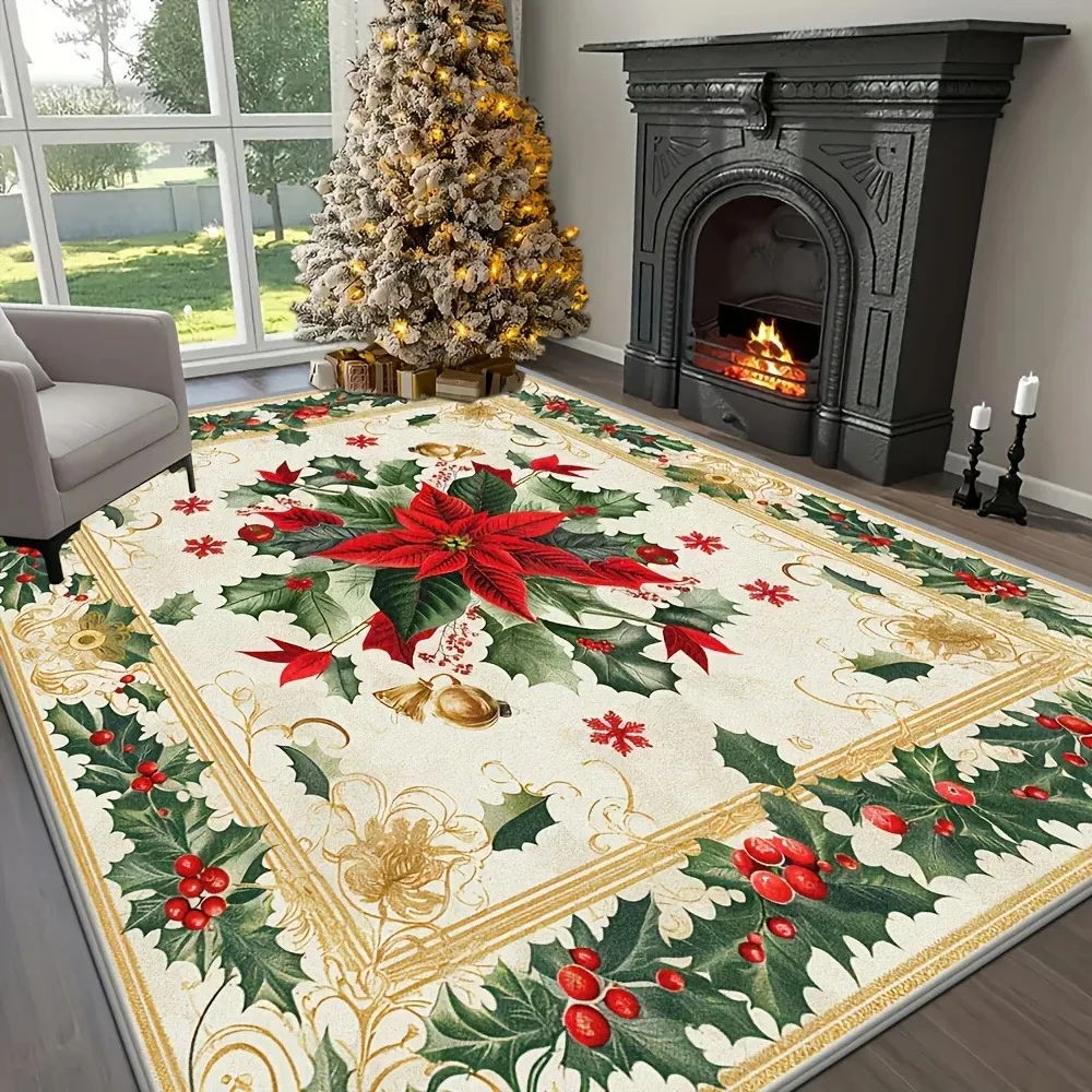 Christmas Poinsettia Carpet Gold Bow Rug Red Green Pine Branch Mat Luxury Ornate Border Home Decoration Living Room Floor Mat