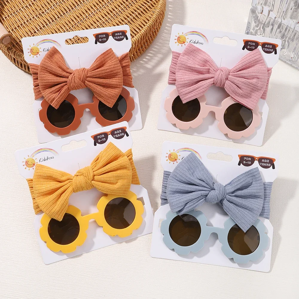 1Set Fashion Baby Hair Glasses Accessories Set Nylon Bows Headband for Newborn Girl Lovely Hairclips Babe Sunglasses Headwear